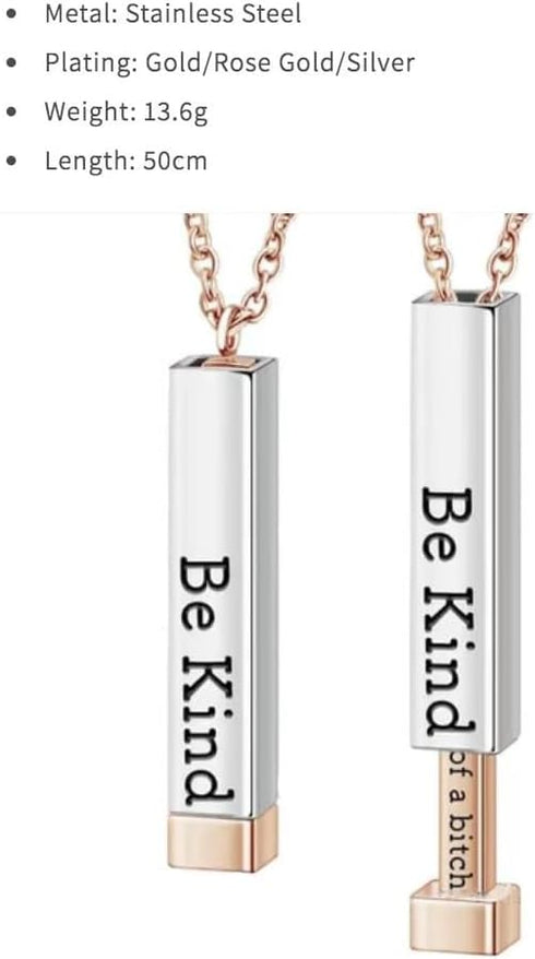 Be Kind Of A B Necklaces For Women, To Best Friends Sorority Sisters Inspirational Square Tubes Pendant With Hidden Message Stainless Steel Band F...