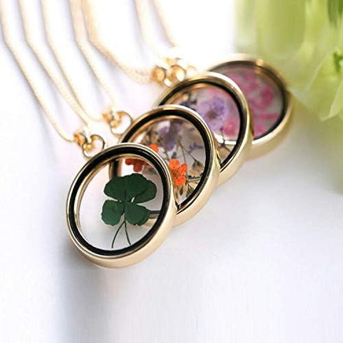 10pcs Mixed Golden Tone Round Shape Dried Pressed Flower Pendant Flower Plant Charm Floating Pendant Necklace Making Supplies...