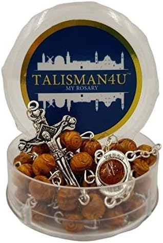 TALISMAN4U CATHOLIC ROSARY NECKLACE Olive Wood Carved Beads With Jerusalem Soil & Cross Crucifix in Gift Box...