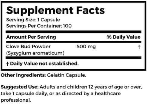 Dr Clark Cloves Healthcare Supplement - Natural Digestive Health, 500 mg, 100 Pure Gelatin Capsules...