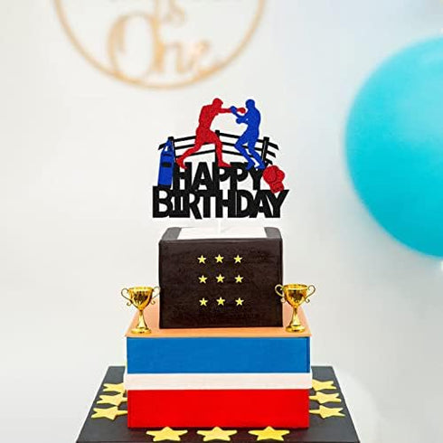 Boxing Cake Topper Bout Pugilist Infighter Beat Boxing Platform Punching Bag Glove Themed Men Kids Boy Girl Birthday Party Cake Decor Happy Bday E...
