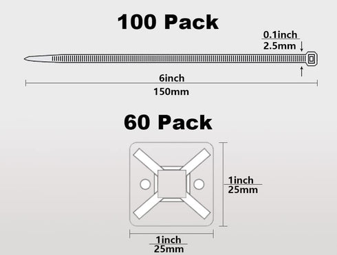 100 Pack Black Plastic Nylon Cable Ties with 60 Pieces Strong 25x25mm/1inch Self Adhesive Wire Tidy Clips Mount Base Holders Small Zip Tie 150×2.5...