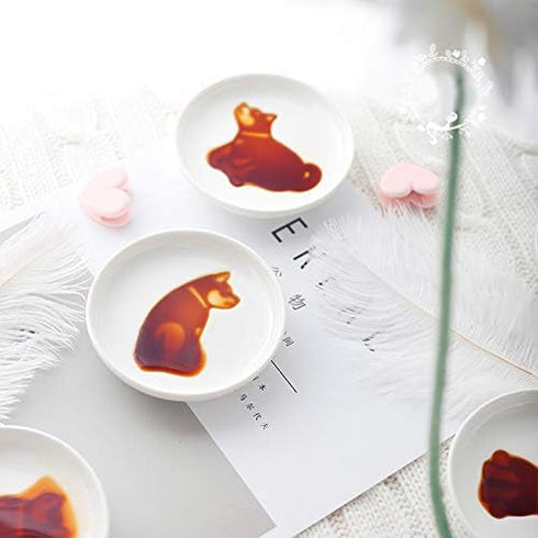 4pcs Ceramics Shiba Dog Relief Seasoning Dishes Sushi Dipping Bowl Appetizer Plate - 3.5 inches...