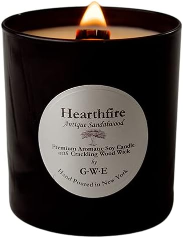 Hearthfire - Sandalwood Scented Soy Candle w/Natural Oils, Wood Wick, Smoky Dark Sweet, Made in The USA in Black Jar - Aromatherapy, Gifts for Hou...