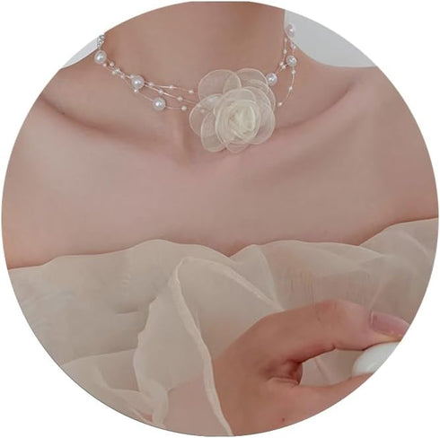 FUTIMELY Rose Flower Pearl Choker Necklace for Women Teen Girls,Vintage Layered White Fabric Foral Rosette Necklace Artificial Gentle Bride Weddin...