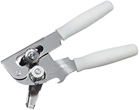 Portable Can Opener, Features an Ergonimic Handle for Optimal Comfort, and Built-in Bottle Opener for a 2-in-1 Tool, Durable Cutting Wheel, White...