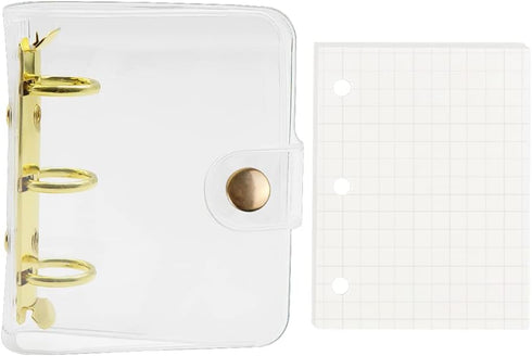 1PC Gold Mini Binder Cover for 3 Ring PVC Loose-Leaf Binder with 80pcs Mini Inner Paper Pockets Clear Soft Notebook Round Ring Binder Protector Sn...