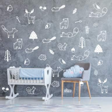Forest Animal Wall Decals Peel and Stick for Kids, Baby Bedroom Nursery and Living Room. 36 pcs Adhesive Vinyl Wall Stickers Decor (White)...