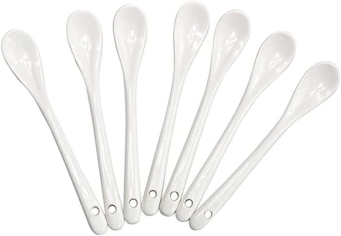 AKOAK 6.7 "Ceramic Egg Spoon (Set of 5), White Long-Handled Ceramic Spoon, Teaspoon for Coffee, Tea, Yogurt, Ice Cream, Sauces and Desserts, Espre...