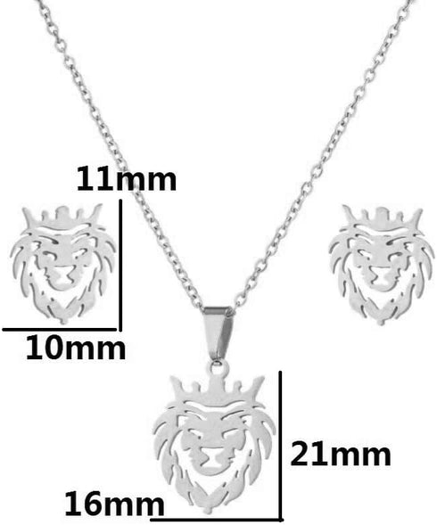 Hollow Crown Lion King Earrings Pendant Necklace Set for Men Women Stainless Steel Lion Head Necklace Jewelry...