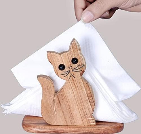 FRESCORR - Handmade Real Wood Cat Shape Napkin Holder 6.5 inches, (Light Wood)...