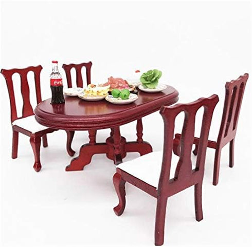 1:12 Dollhouse Miniature Furniture Red Wooden Dining Table Chairs 5pcs Set 1 Table and 4 Chair Wooden Creative Handcraft Gift for Boys Girls perfe...