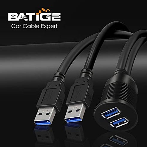 BATIGE 2 Ports Dual USB 3.0 Male to USB 3.0 Female AUX Flush Mount Car Mount Extension Cable for Car Truck Boat Motorcycle Dashboard Panel 1ft...