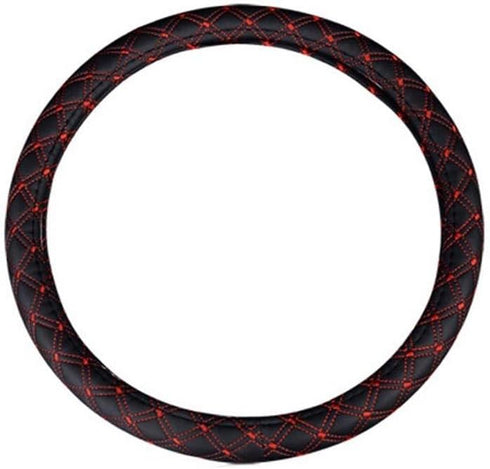 15inch Odorless Quilted Stitching Pattern Leather Car Steering Wheel Cover-Black with red...