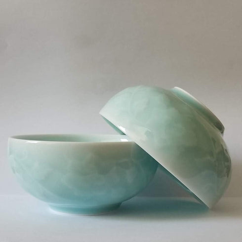 Chinese Rice Bowl 10oz Celadon Dinnerware Engraved Peony 4.5Inch Porcelain(1, Sky Blue)...