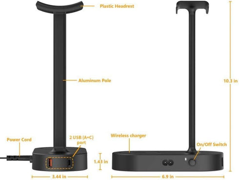 COZOO Headphone Stand with Fast Wireless Charging Pad and 2 USB Charging Ports, Suitable for Gaming, DJ, Wireless Earphone Accessories...
