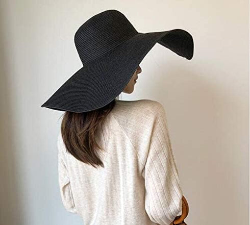 1Pcs Women Wide Brim Straw Hat Foldable Beach Floppy Sun Hat Black...