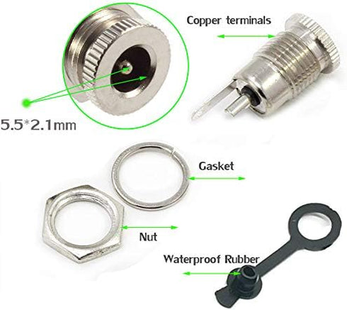5.5 x 2.1 MM 10A DC Power Jack Cord Socket Threaded Female Mount Connector Adapter with Waterproof Cover Cap...