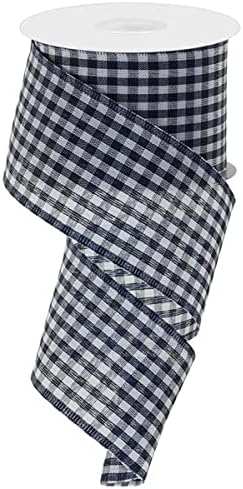 Gingham Check Wired Edge Ribbon, 2.5" x 10 Yards (Navy Blue, White)...