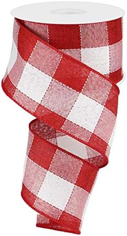 Woven Check Wired Edge Ribbon - 10 Yards (Red, White, 2.5")...