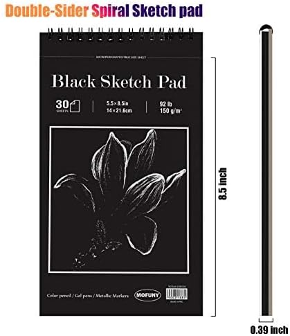 Black Sketch Pad, 5.5 x 8.5 inches, 30 Sheets (92lb/150gsm) Heavyweight Drawing Paper with Hard Cover & Spiral Bound, Perfect for Colored Pencil, ...