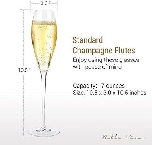 Bella Vino Hand Blown Crystal Champagne Flutes - Bella Vino Standard Champagne Glasses Made from Premium Crystal Glass, Great Gift, 10.5", Clear, ...