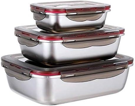 3 Pieces Stainless Steel Food Storage Container with Lids Airtight Metal Food Containers Stackable Meal Prep Leftover Containers for Freezer Fridg...