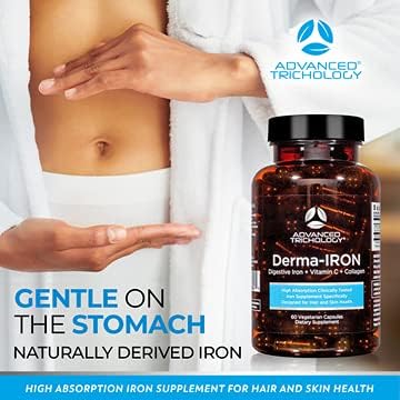 Derma-Iron Supplement for Women and Men - Iron blood builder pills for hair and skin with Collagen and natural Vitamin C, low iron and ferritin, t...