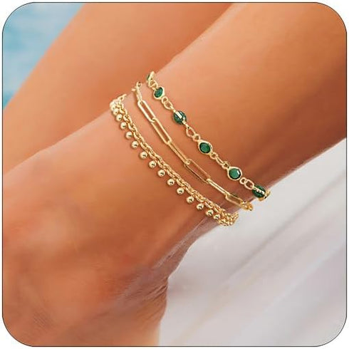 Gold Ankle Bracelets for Women, 14K Gold Anklets for Women Waterproof Figaro Paperclip Link Gold Anklet Set with Pink Stones Green Beads Adjustabl...