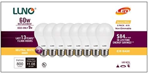 LUNO A19 Non-Dimmable LED Bulb, 9.0W (60W Equivalent), 800 Lumens, 4000K (Neutral White), Medium Base (E26), UL Certified (8-Pack)...