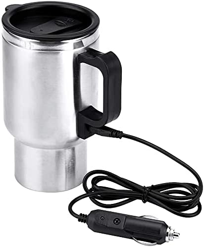 12V Car Heating Cup 450ML Stainless Steel Electric Car Kettle Boiler Portable Coffee Tea Warmer Cup Thermoses Powered by 12V Cigarette Lighter Plu...