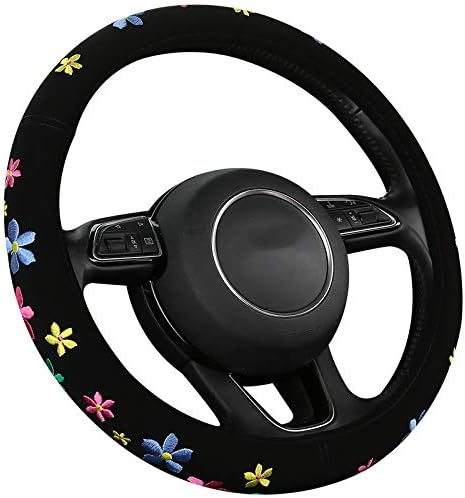 Embroidery Cute Steering Wheel Cover-Deluxe Floral Car Decor,Anti-Slip,Sweat Absorption,Universal 15 inch (floral1)...