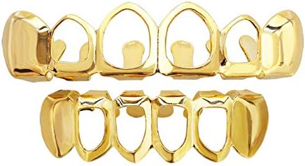 Open Face Grillz Teeth 24k Gold Grillz Plated Caps New Custom Fit Top & Bottom Grill Set for Kids + Extra Molding Bars + Microfiber Cloth...