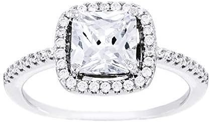 TwoBirch Halo Cushion Asscher Cut Prong Set Engagement Ring in 18k White Gold Plated Sterling Silver and CZ...