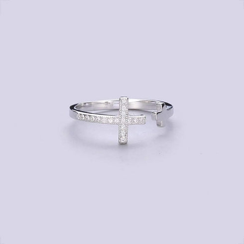 Double Cross Faith S925 Sterling Silver CZ Crystal Opening Ring for Women Teen Girls Dainty Adjustable Statement Engagement Finger Christian Finge...