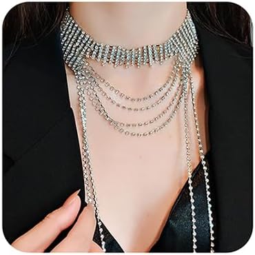 Missgrace Rhinestones Tassels Long Choker Necklaces Dainty Silver Luxurious Necklace Adjustable Rhinestones Pendant Necklaces Dainty Necklaces for...