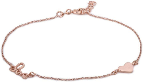 Sterling Silver Jewelry - Rose Gold Plated 925 Stamp - Love and Heart Charm Anklet - Stylish Beautifully Designed for Women - 9" Long + 1" Extende...