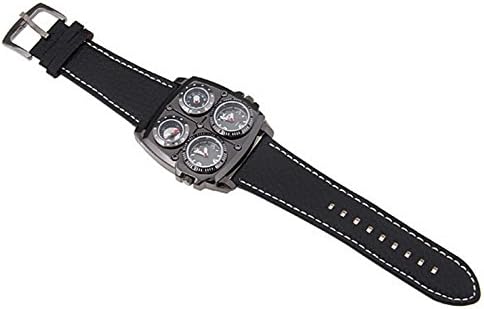 Avaner Mens Punk Watch, Unique Big Face Dual Time Zone Wristwatch, Analog Quartz Leather Strap Sport Watches with Decorative Compass and Thermomet...