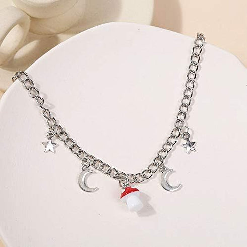 Vintage Mushroom Pendant Necklace Cute Moon Star Red Mushroom Creative Choker Necklace Pearl Chain Necklace Gifts for Women...