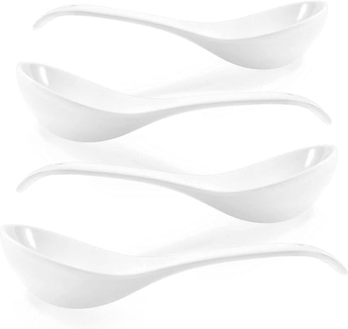 Artena Large Soup Spoons Set Of 4, 9 Inch White Ceramic Serving Asian Soup Spoons for Ramen, Pho, Chinese Long Handle Spoon, Deep Oval Hook Design...