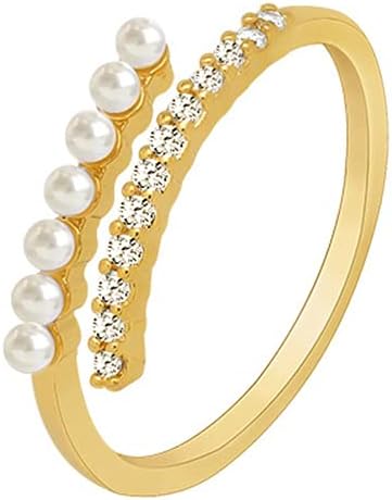 Elegant Pearl Open Stacking Ring Sterling Silver S925 Yellow Gold Crystal CZ Eternity Engagement Statement Rings Wrap Tail Finger Band for Women G...