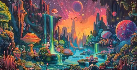 Colorful Galaxy Space Planet Aquarium Background, Waterfall Landscape Tapestry Fantasy Mountain Wave Wall Tapestry Mysterious Neon Plants Fish Tan...