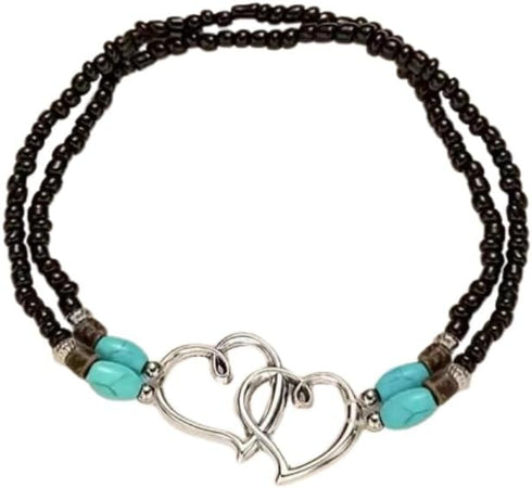Elastic Beaded Beach Anklet Chain Double Hollow Hearts Stretch Anklet Cute Boho Foot Jewelry for Summer Beach Wedding Dance Yoga for Women...