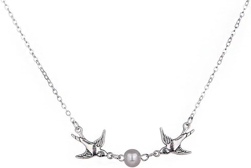 Kercisbeauty Double Swallow Flying Bird Silver Necklace with Pearl for Women Boho Collar Bone Choker...