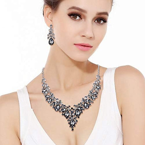 EVER FAITH Women's Crystal Elegant Bridal Floral Cluster Teardrop Statement Necklace Earrings Set...