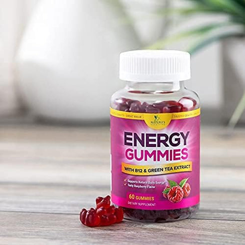 Energy Gummies Vitamin B12, Green Tea & Natural Caffeine, Extra Strength 1000 mcg Daily Energy Vitamins, Delicious Raspberry Flavor Gummy Chewable...