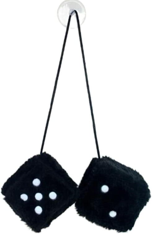 Retro Dots Fuzzy Dice Car Mirror Hanging with Suction, Cubic Square Plush Dice Auto Rearview Mirror Dice for Car Ornament Decoration (Black, 1 Pai...