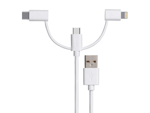 Monoprice 3-in-1 Multiport USB to USB Micro-B + USB-C + Lightning Charging Cable - 3 Feet, White - Essential Series...