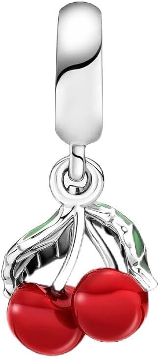 Asymmetrical Cherry Fruit Dangle Charm 925 Sterling Silver Pendant,Girl Jewelry Bead Gift for Women Bracelet&Necklace...