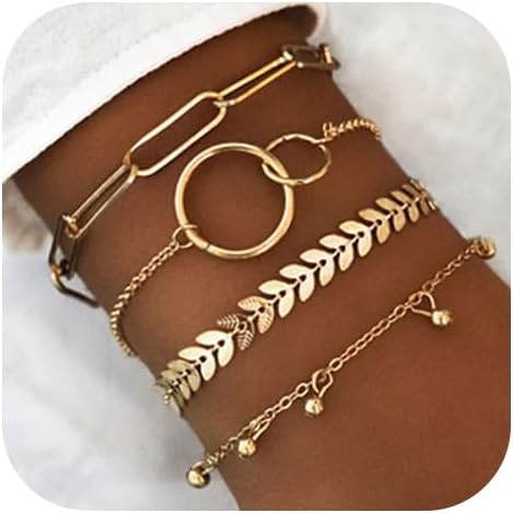 Boho Stackable Circle Bracelet Set Gold Fish Bone Layered Beaded Paperclip Link Bracelet Chain Jewelry for Women(4PCS)...